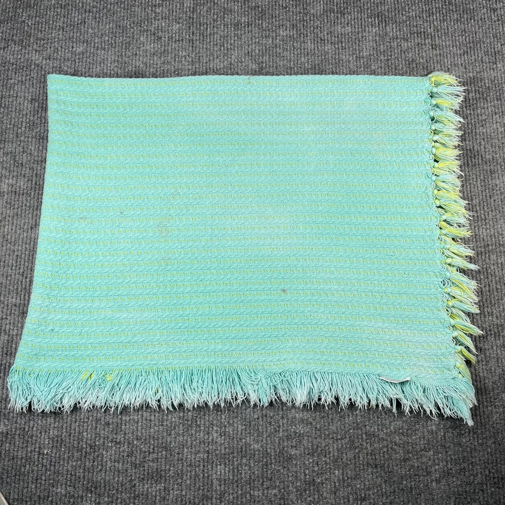 Vtg Knit Blanket Blue Yellow Fringe Unisex Cotton Throw Blanket‎